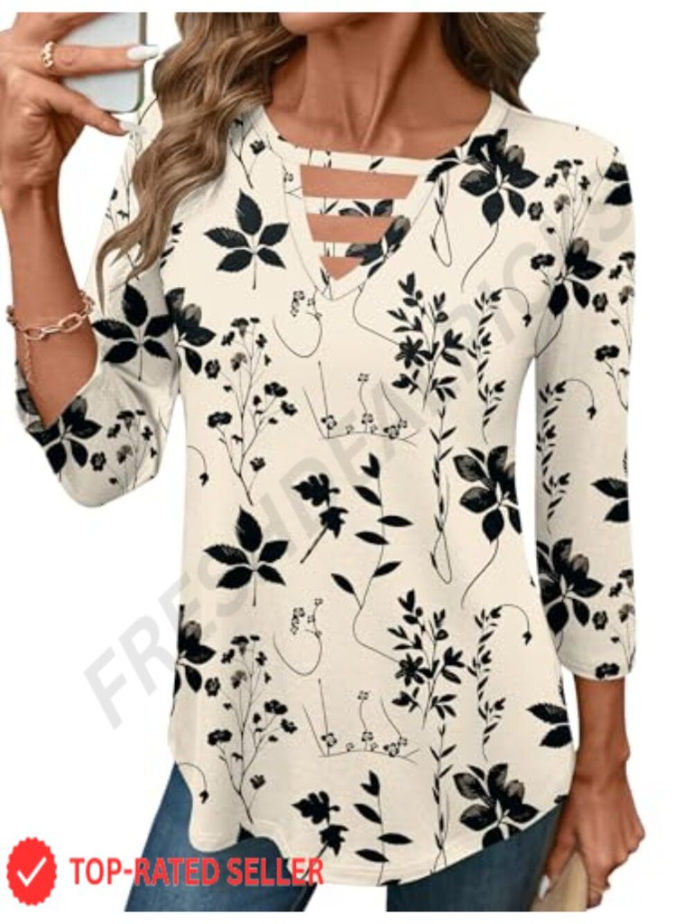 Women's 3/4 Sleeve Tunic Top Crew Neck Cutout Blouse